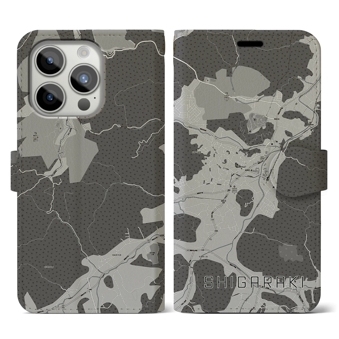【信楽(滋賀県)】地図柄iPhoneケース(手帳タイプ)モノトーン・iPhone 15 Pro 用