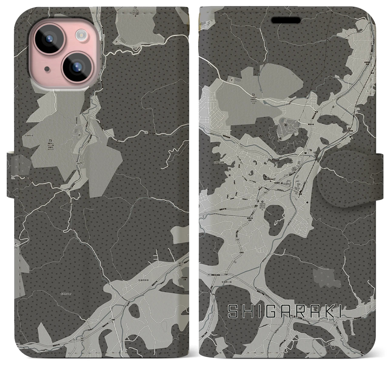 【信楽(滋賀県)】地図柄iPhoneケース(手帳タイプ)モノトーン・iPhone 15 Plus 用