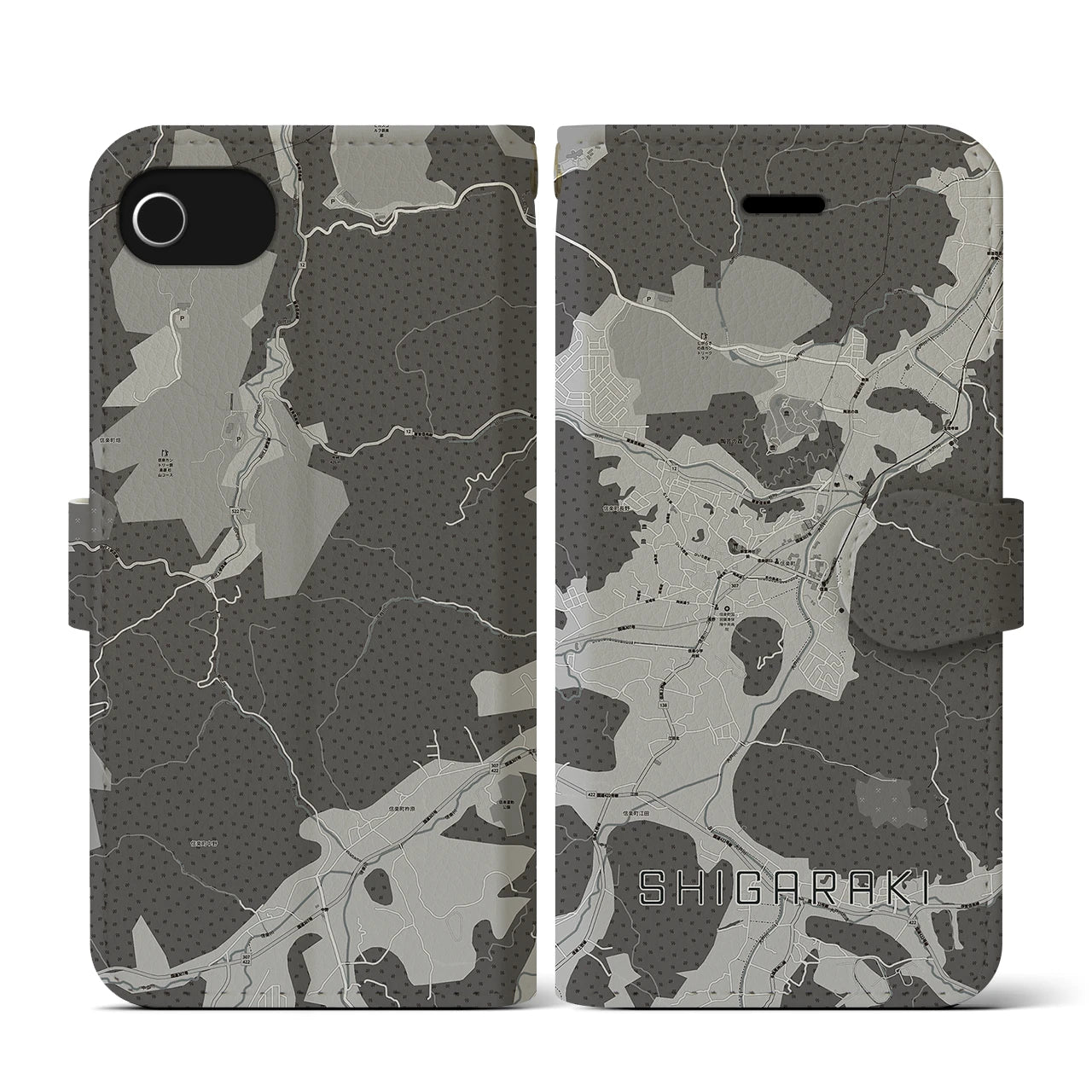 【信楽(滋賀県)】地図柄iPhoneケース(手帳タイプ)モノトーン・iPhone SE(第3 / 第2世代) / 8 / 7 / 6s / 6 用