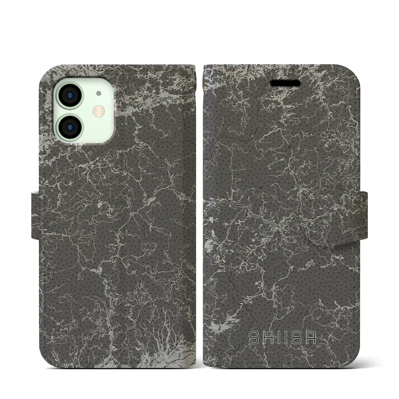 【椎葉(宮崎県)】地図柄iPhoneケース(手帳タイプ)モノトーン・iPhone 12 mini 用