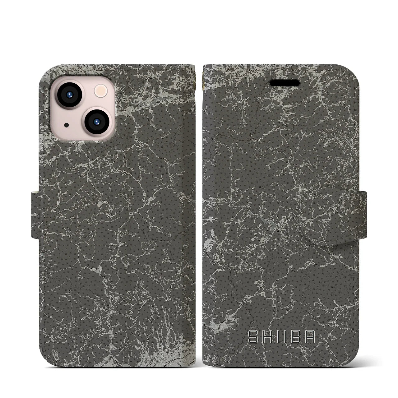 【椎葉(宮崎県)】地図柄iPhoneケース(手帳タイプ)モノトーン・iPhone 13 mini 用