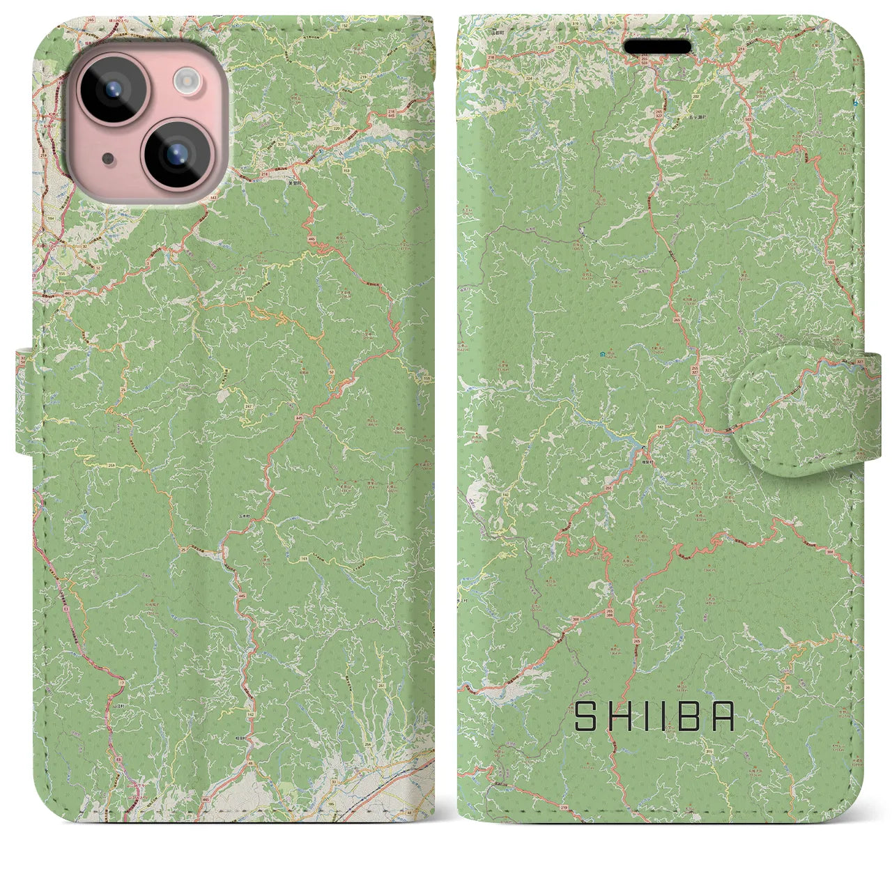 【椎葉(宮崎県)】地図柄iPhoneケース(手帳タイプ)ナチュラル・iPhone 15 Plus 用
