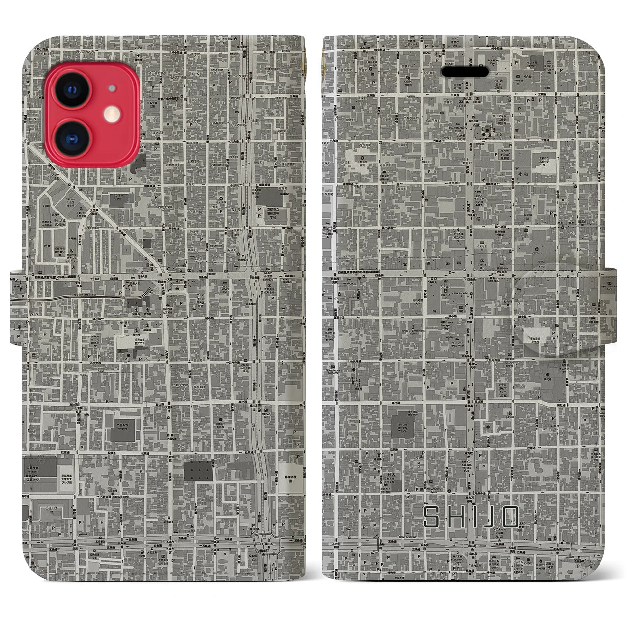 【四条(京都府)】地図柄iPhoneケース(手帳タイプ)モノトーン・iPhone 11 用