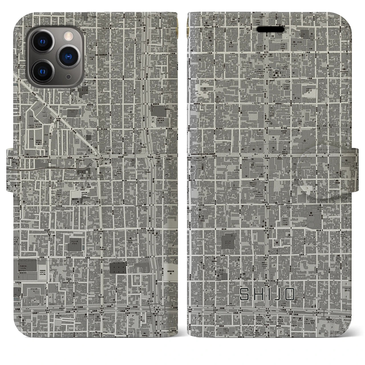 【四条(京都府)】地図柄iPhoneケース(手帳タイプ)モノトーン・iPhone 11 Pro Max 用