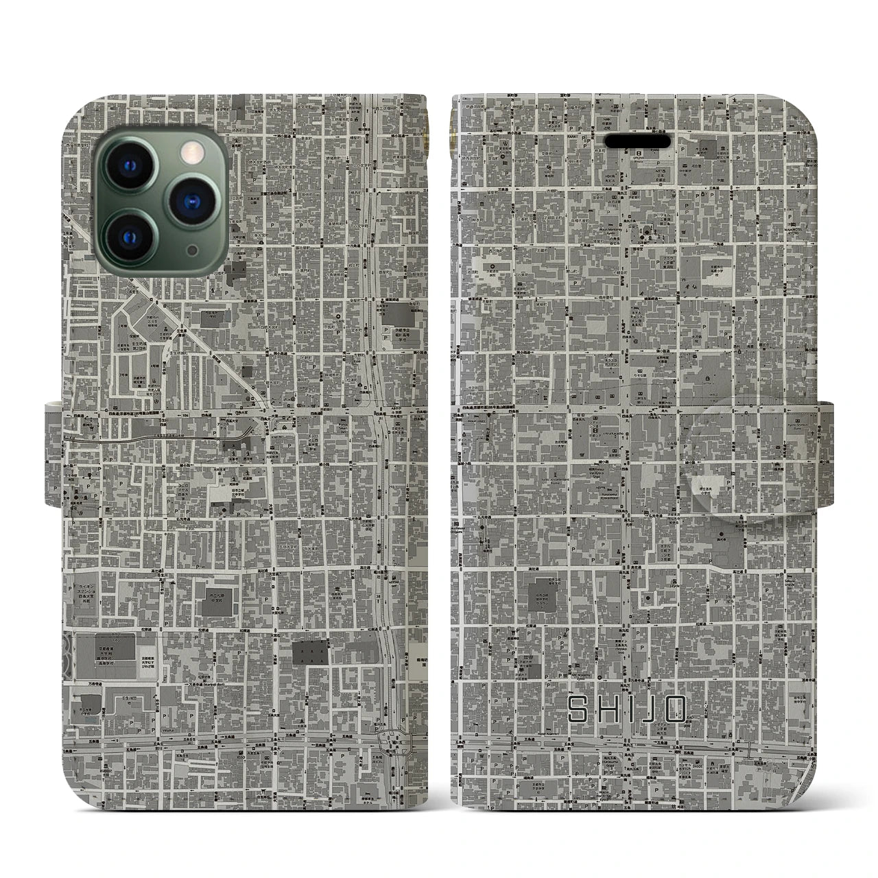 【四条(京都府)】地図柄iPhoneケース(手帳タイプ)モノトーン・iPhone 11 Pro 用