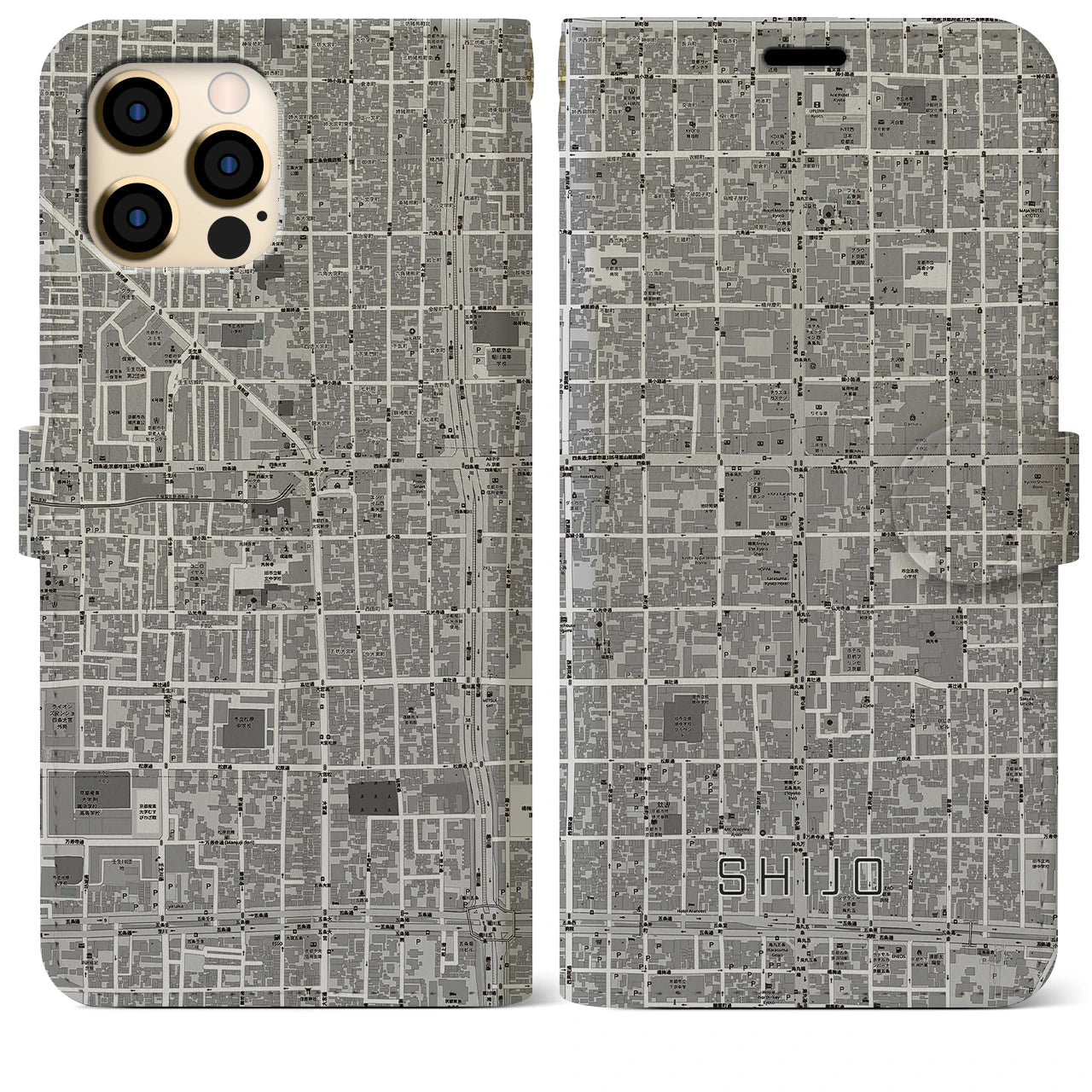 【四条(京都府)】地図柄iPhoneケース(手帳タイプ)モノトーン・iPhone 12 Pro Max 用