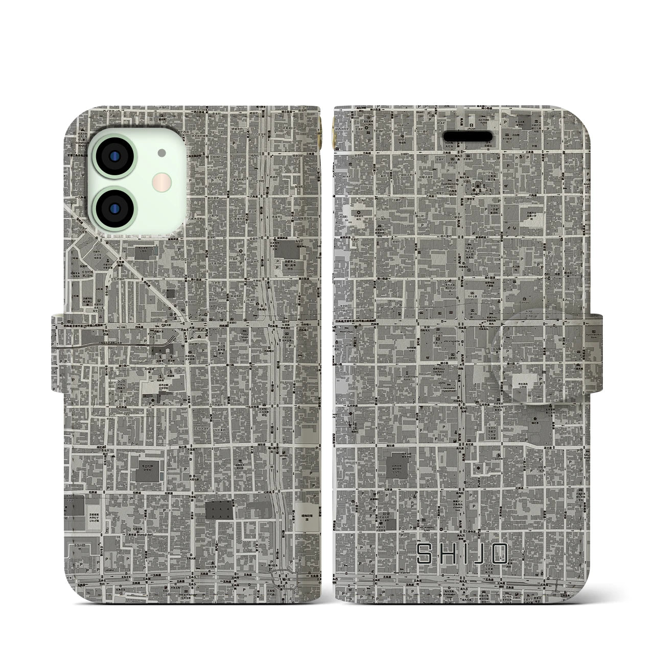 【四条(京都府)】地図柄iPhoneケース(手帳タイプ)モノトーン・iPhone 12 mini 用