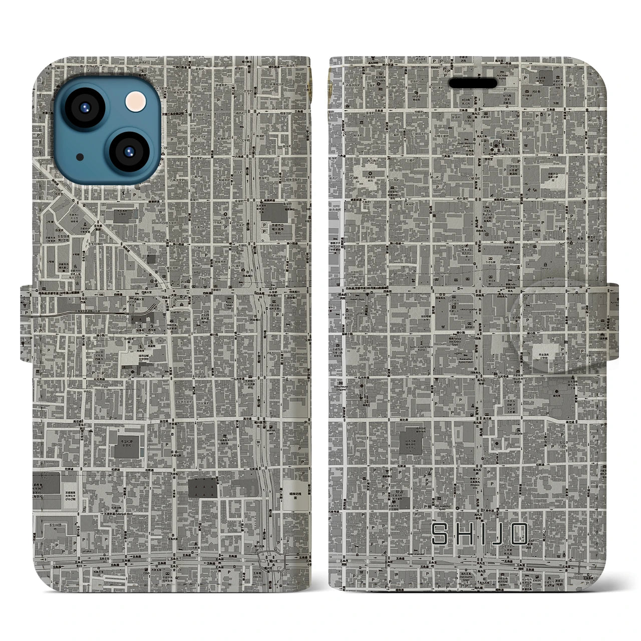 【四条(京都府)】地図柄iPhoneケース(手帳タイプ)モノトーン・iPhone 13 用
