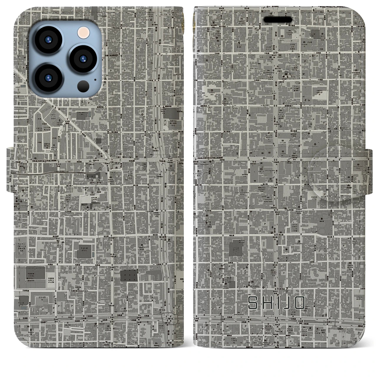 【四条(京都府)】地図柄iPhoneケース(手帳タイプ)モノトーン・iPhone 13 Pro Max 用