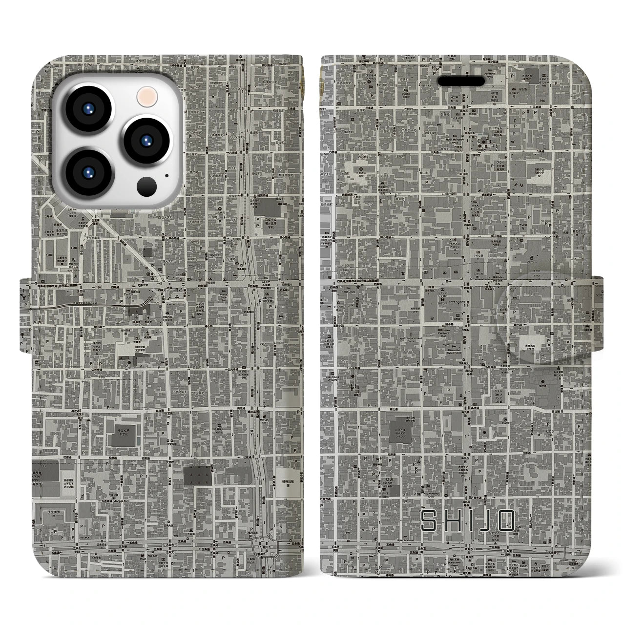 【四条(京都府)】地図柄iPhoneケース(手帳タイプ)モノトーン・iPhone 13 Pro 用