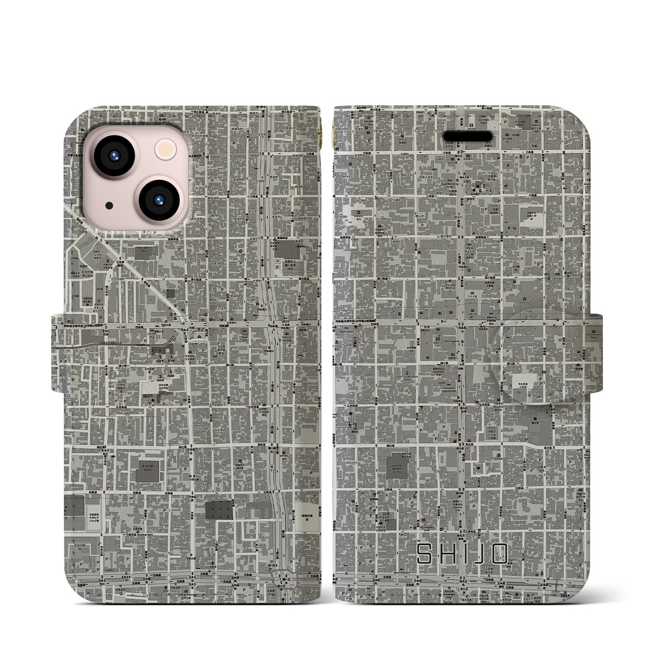 【四条(京都府)】地図柄iPhoneケース(手帳タイプ)モノトーン・iPhone 13 mini 用