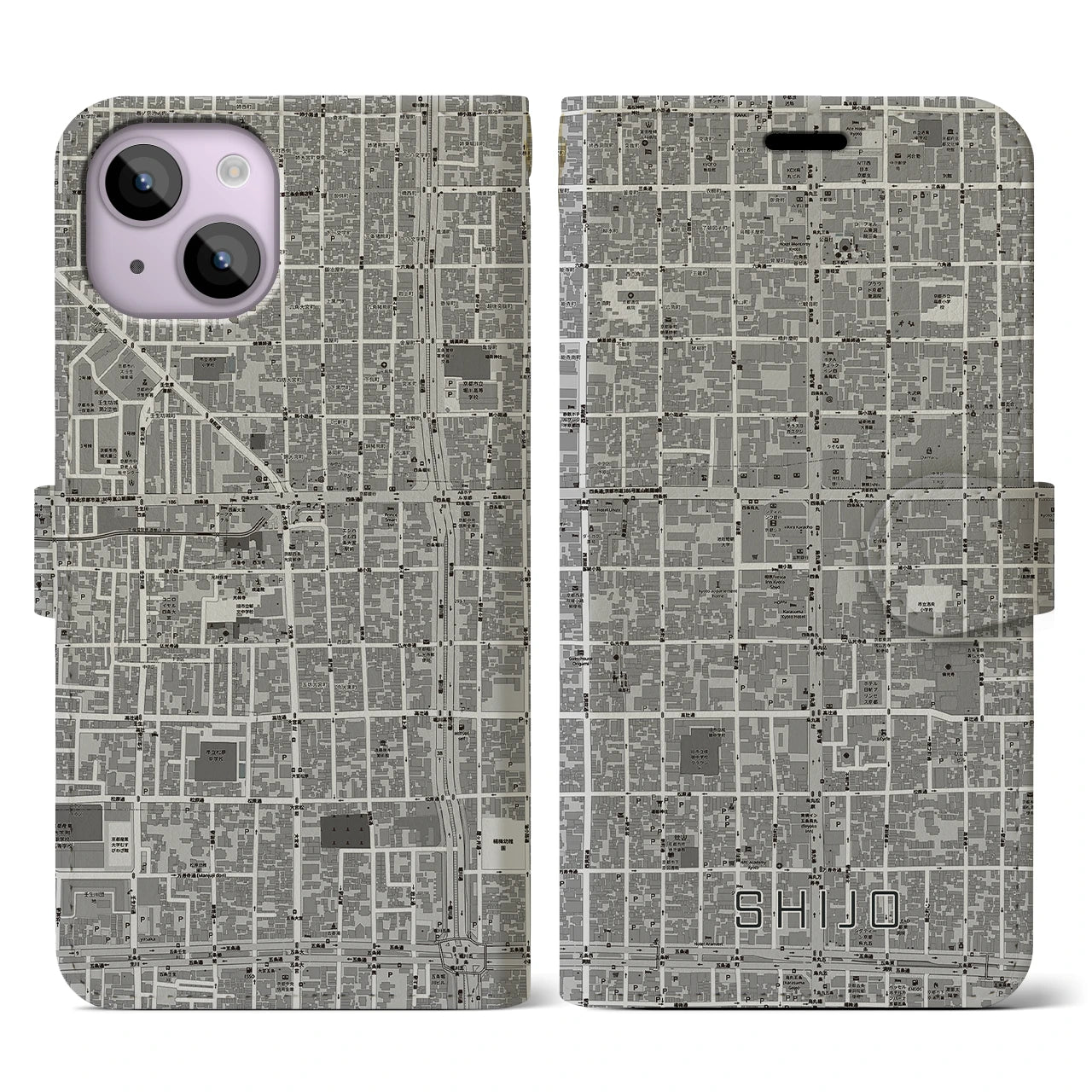 【四条(京都府)】地図柄iPhoneケース(手帳タイプ)モノトーン・iPhone 14 用