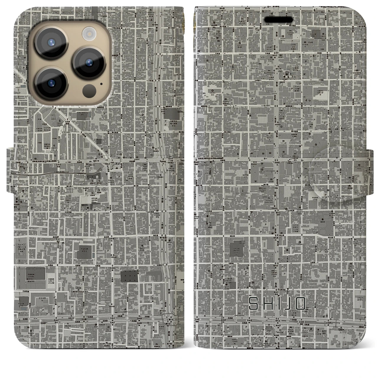 【四条(京都府)】地図柄iPhoneケース(手帳タイプ)モノトーン・iPhone 14 Pro Max 用