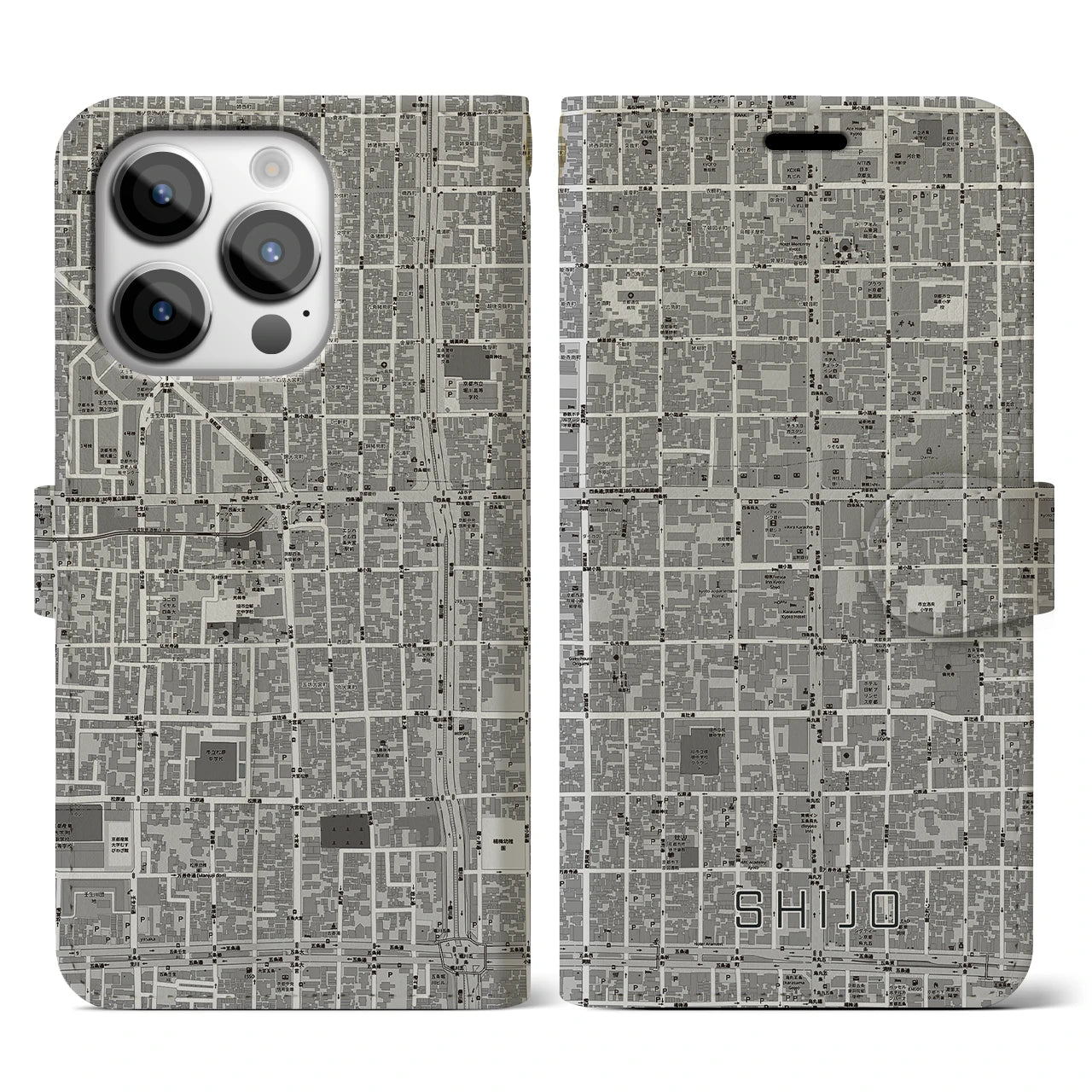 【四条(京都府)】地図柄iPhoneケース(手帳タイプ)モノトーン・iPhone 14 Pro 用