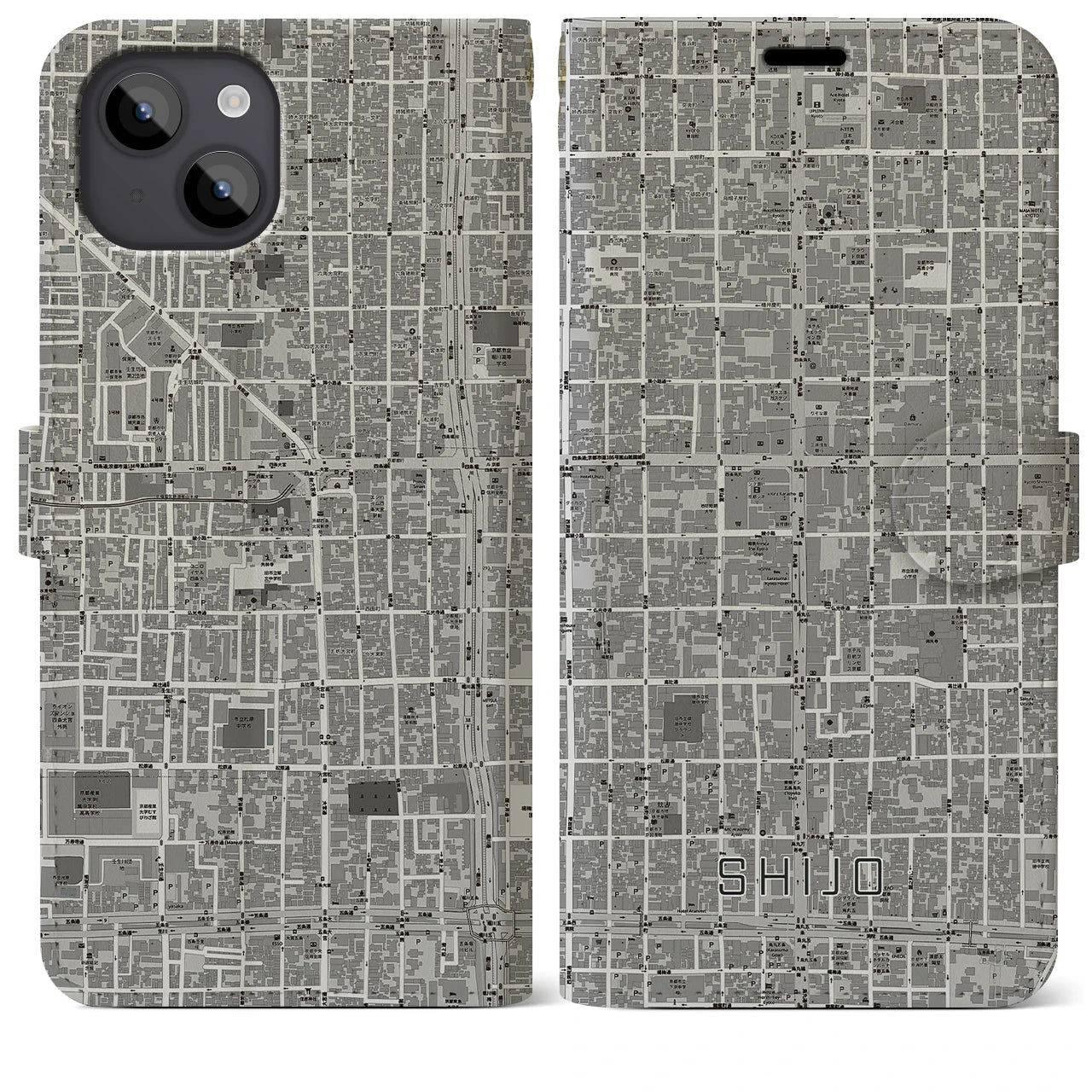 【四条(京都府)】地図柄iPhoneケース(手帳タイプ)モノトーン・iPhone 14 Plus 用