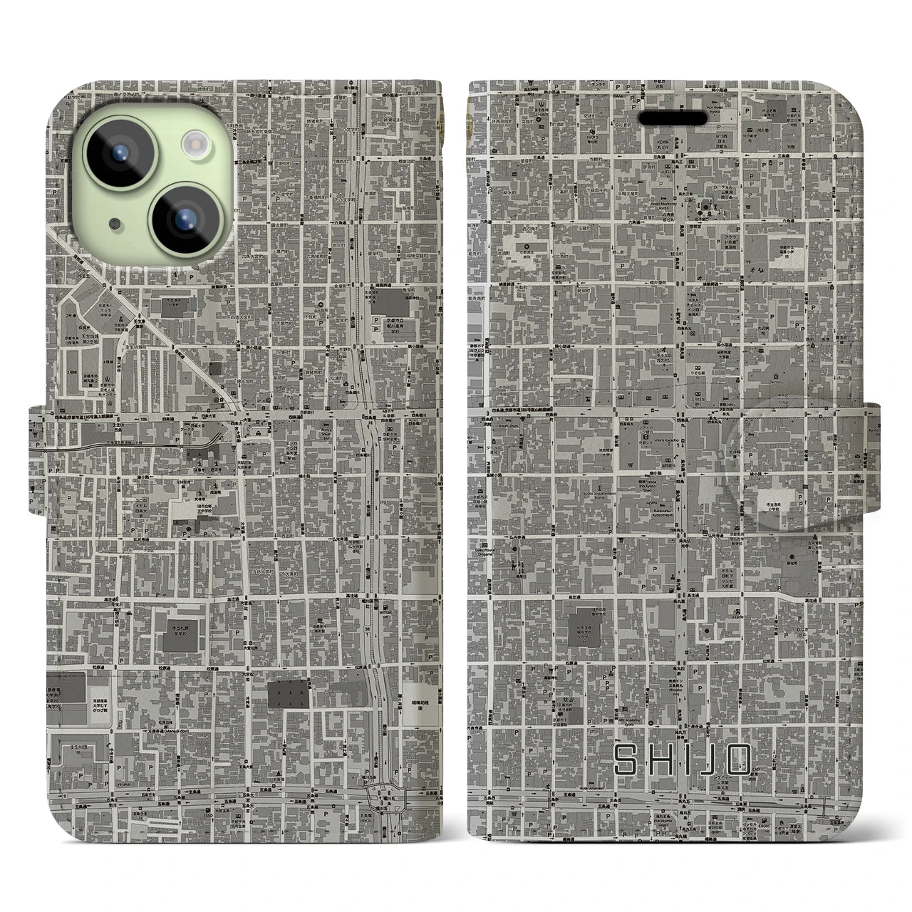 【四条(京都府)】地図柄iPhoneケース(手帳タイプ)モノトーン・iPhone 15 用