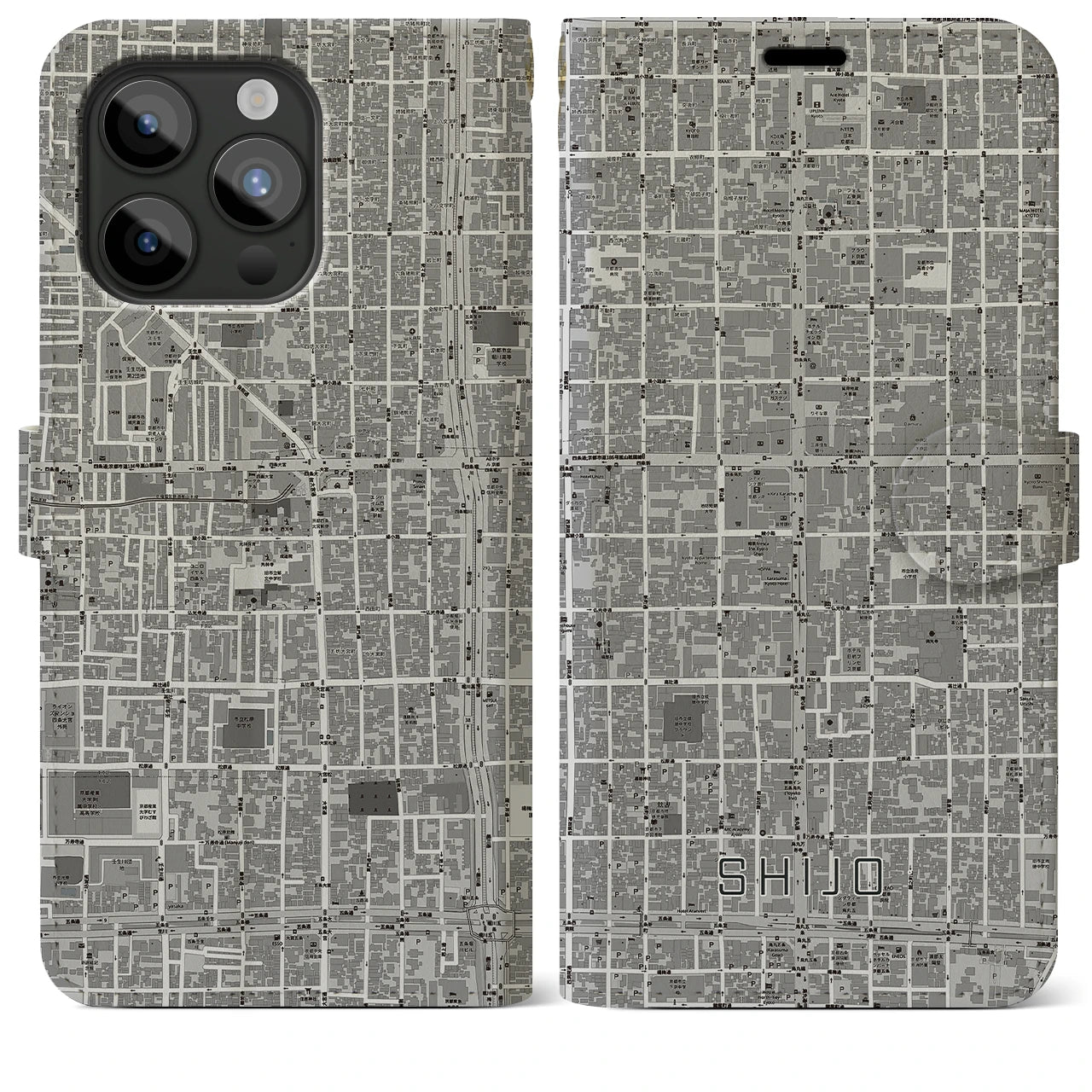 【四条(京都府)】地図柄iPhoneケース(手帳タイプ)モノトーン・iPhone 15 Pro Max 用