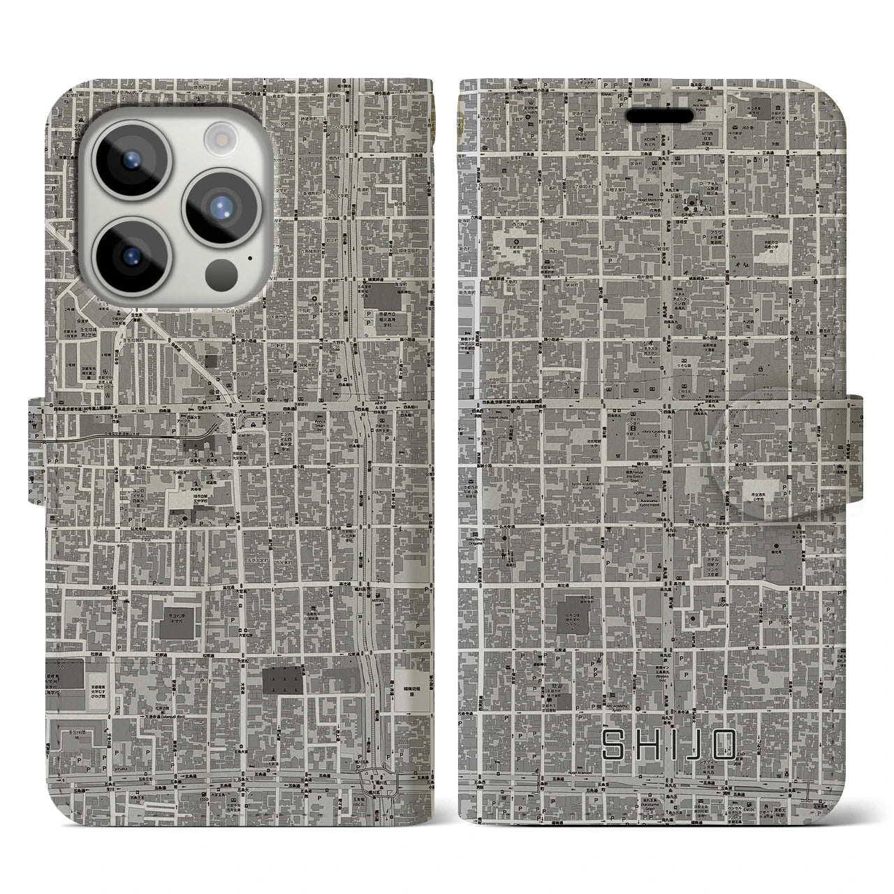 【四条(京都府)】地図柄iPhoneケース(手帳タイプ)モノトーン・iPhone 15 Pro 用
