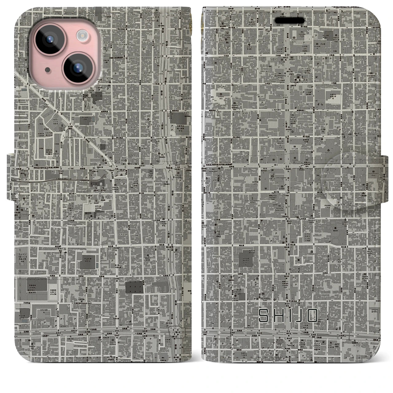 【四条(京都府)】地図柄iPhoneケース(手帳タイプ)モノトーン・iPhone 15 Plus 用
