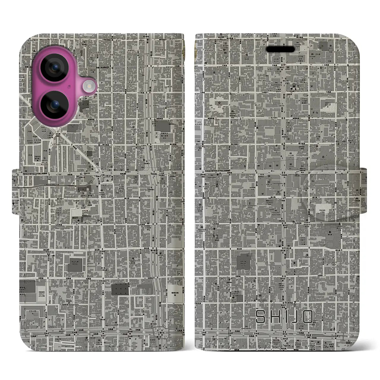 【四条(京都府)】地図柄iPhoneケース(手帳タイプ)モノトーン・iPhone 16 Pro 用