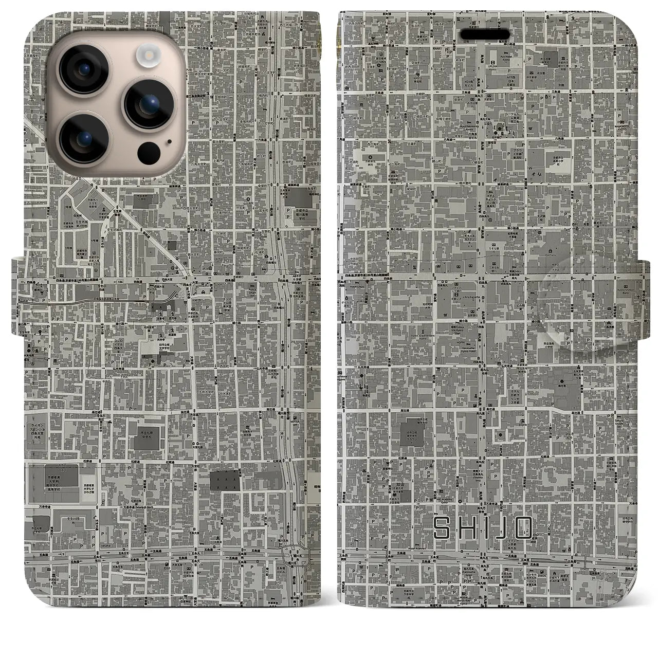 【四条(京都府)】地図柄iPhoneケース(手帳タイプ)モノトーン・iPhone 16 Plus 用