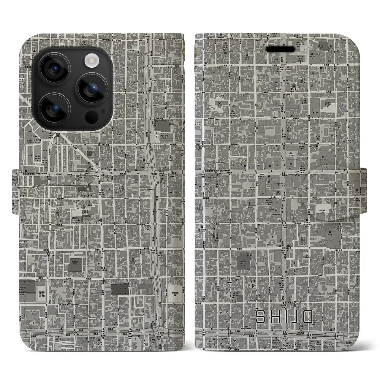 【四条(京都府)】地図柄iPhoneケース(手帳タイプ)モノトーン・iPhone 16 用