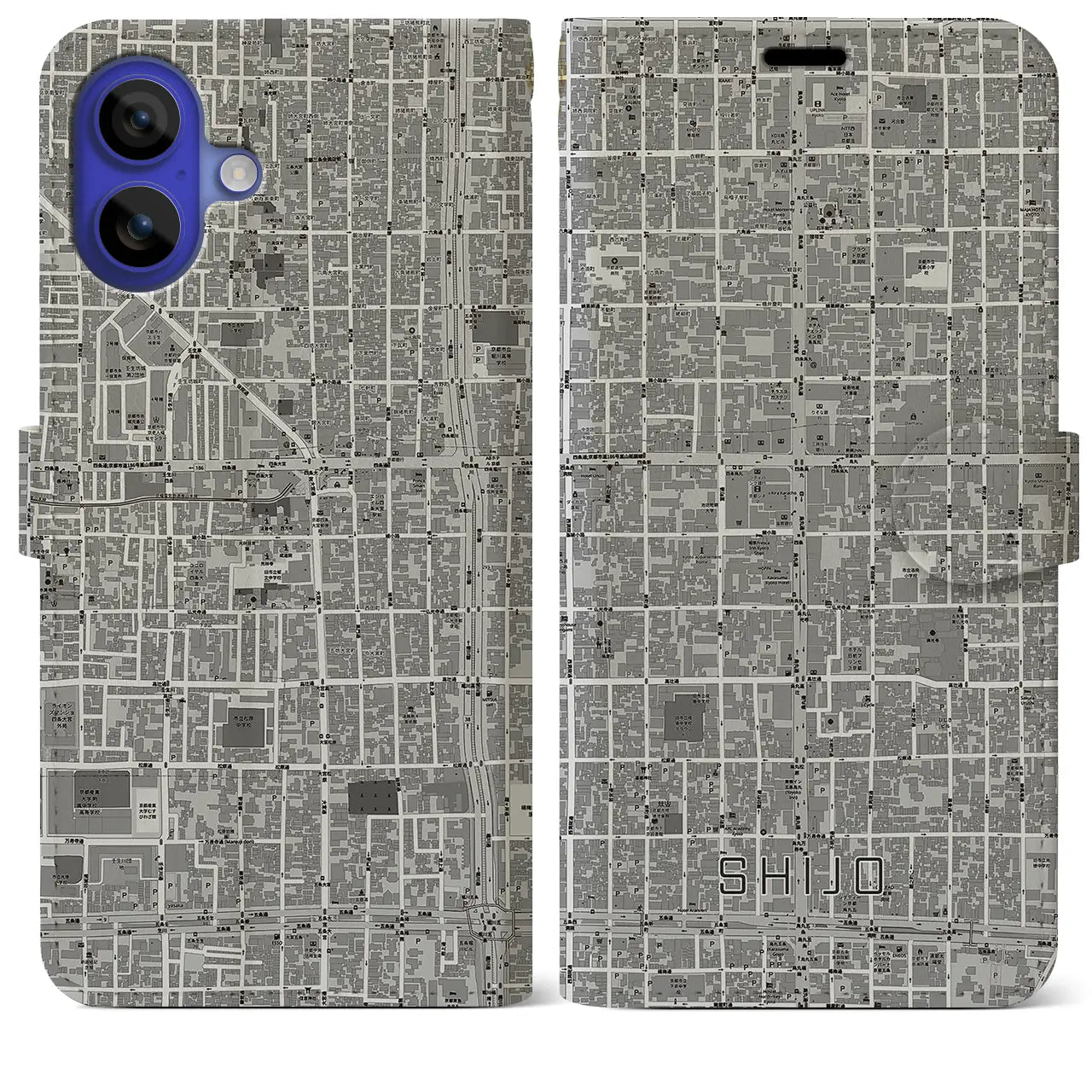 【四条(京都府)】地図柄iPhoneケース(手帳タイプ)モノトーン・iPhone 16 Pro Max 用