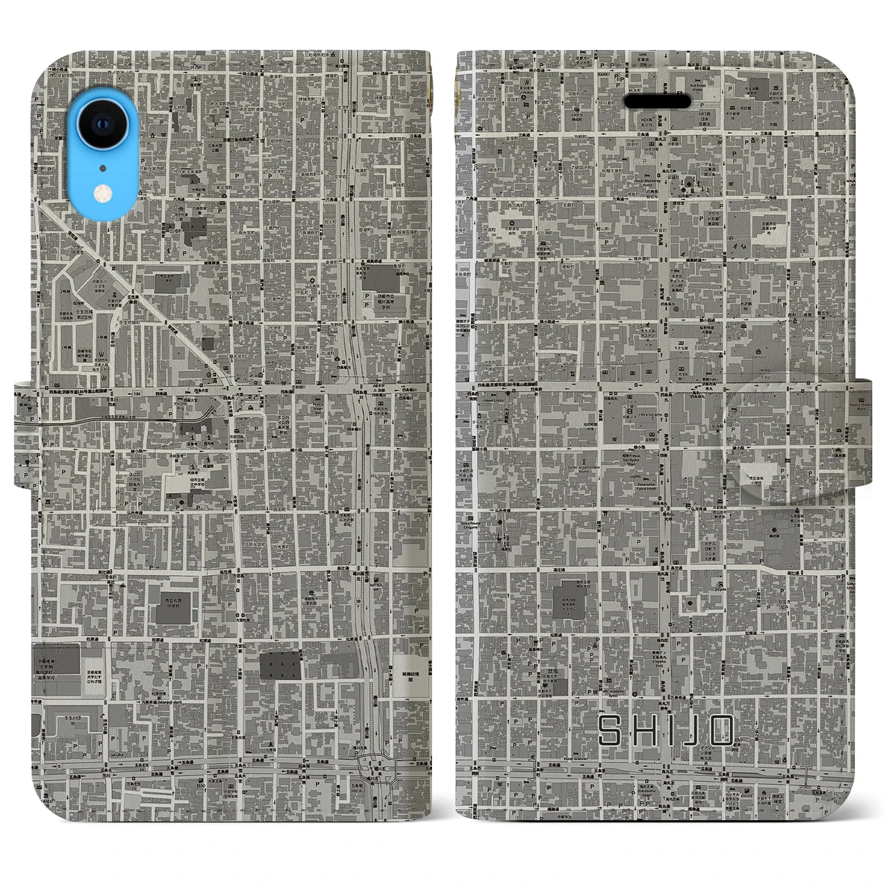 【四条(京都府)】地図柄iPhoneケース(手帳タイプ)モノトーン・iPhone XR 用