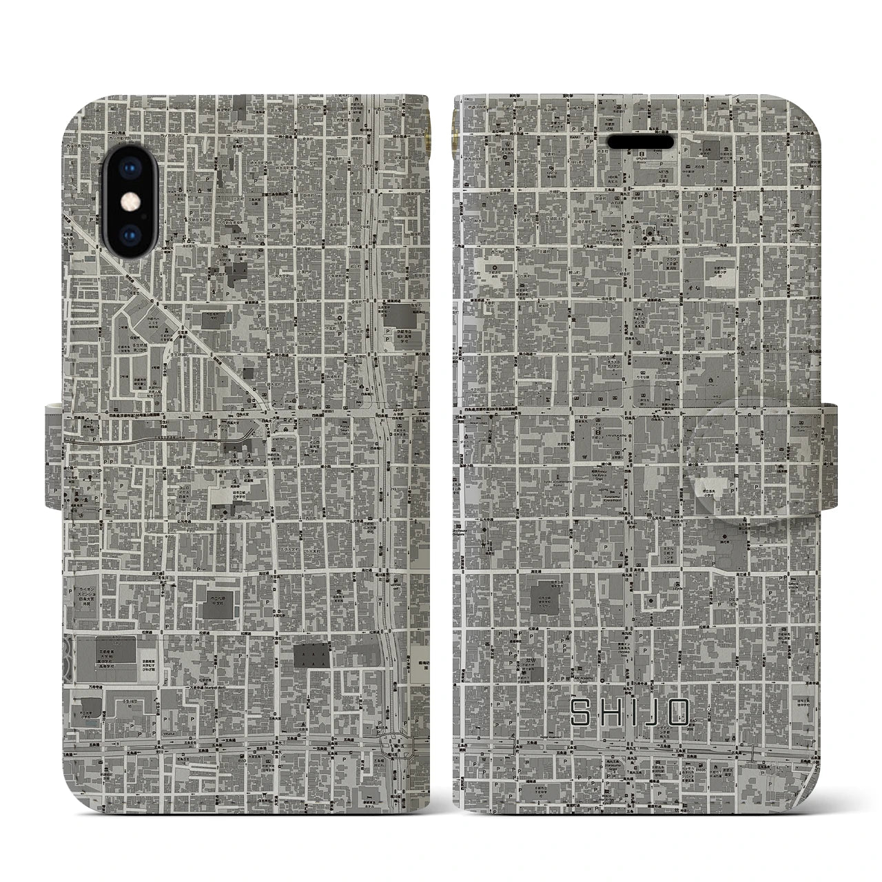 【四条(京都府)】地図柄iPhoneケース(手帳タイプ)モノトーン・iPhone XS / X 用