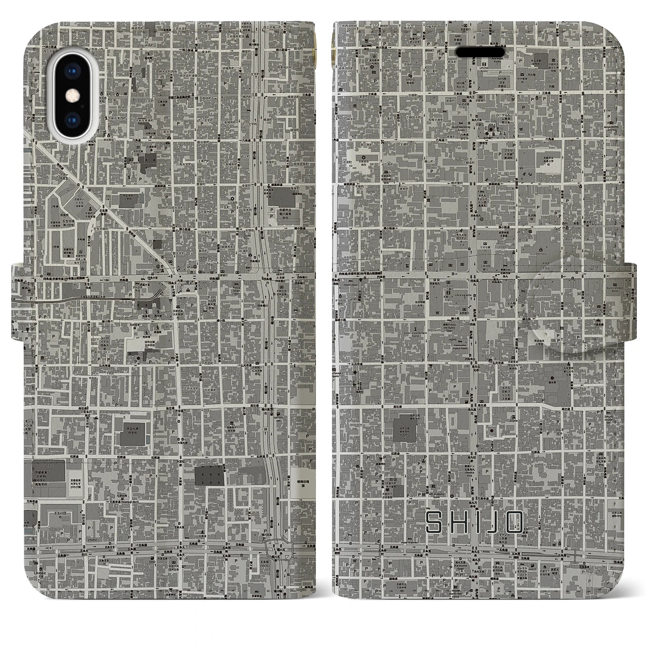 【四条(京都府)】地図柄iPhoneケース(手帳タイプ)モノトーン・iPhone XS Max 用