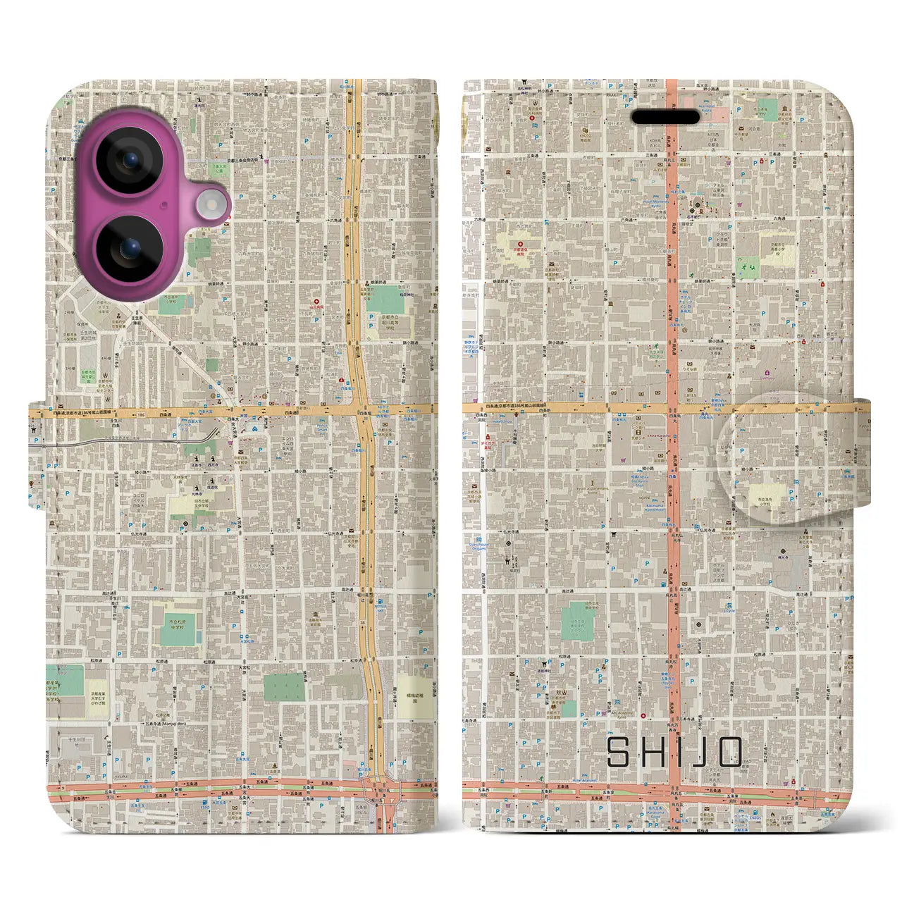 【四条(京都府)】地図柄iPhoneケース(手帳タイプ)ナチュラル・iPhone 16 Pro 用