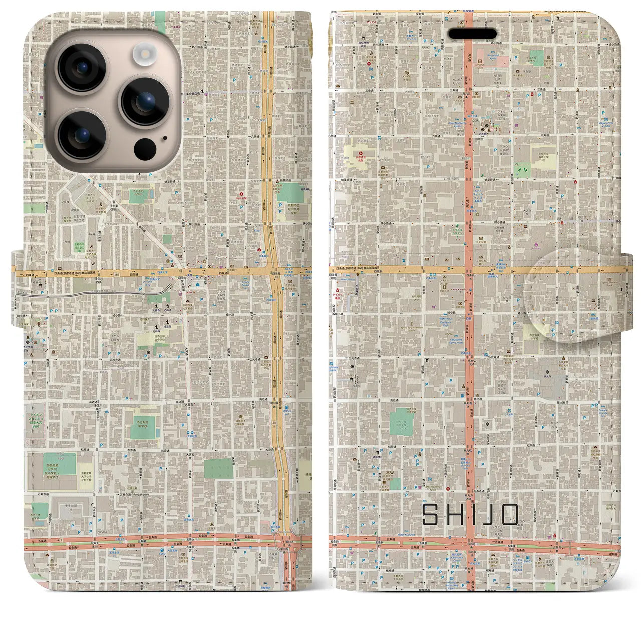【四条(京都府)】地図柄iPhoneケース(手帳タイプ)ナチュラル・iPhone 16 Plus 用