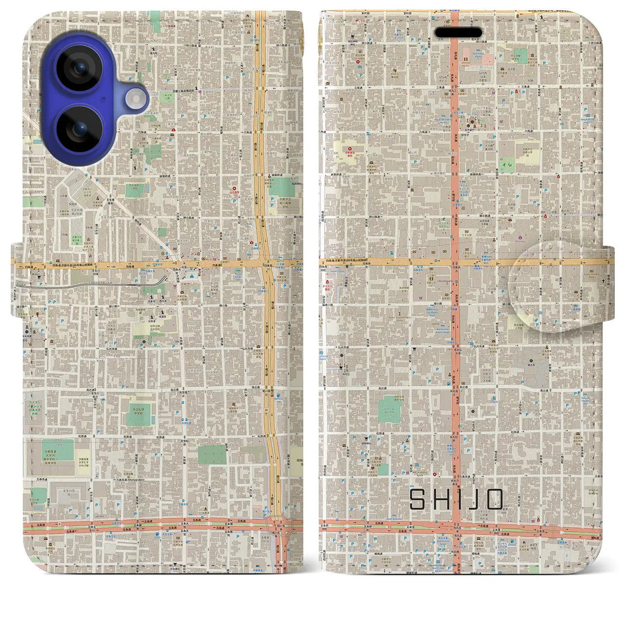【四条(京都府)】地図柄iPhoneケース(手帳タイプ)ナチュラル・iPhone 16 Pro Max 用
