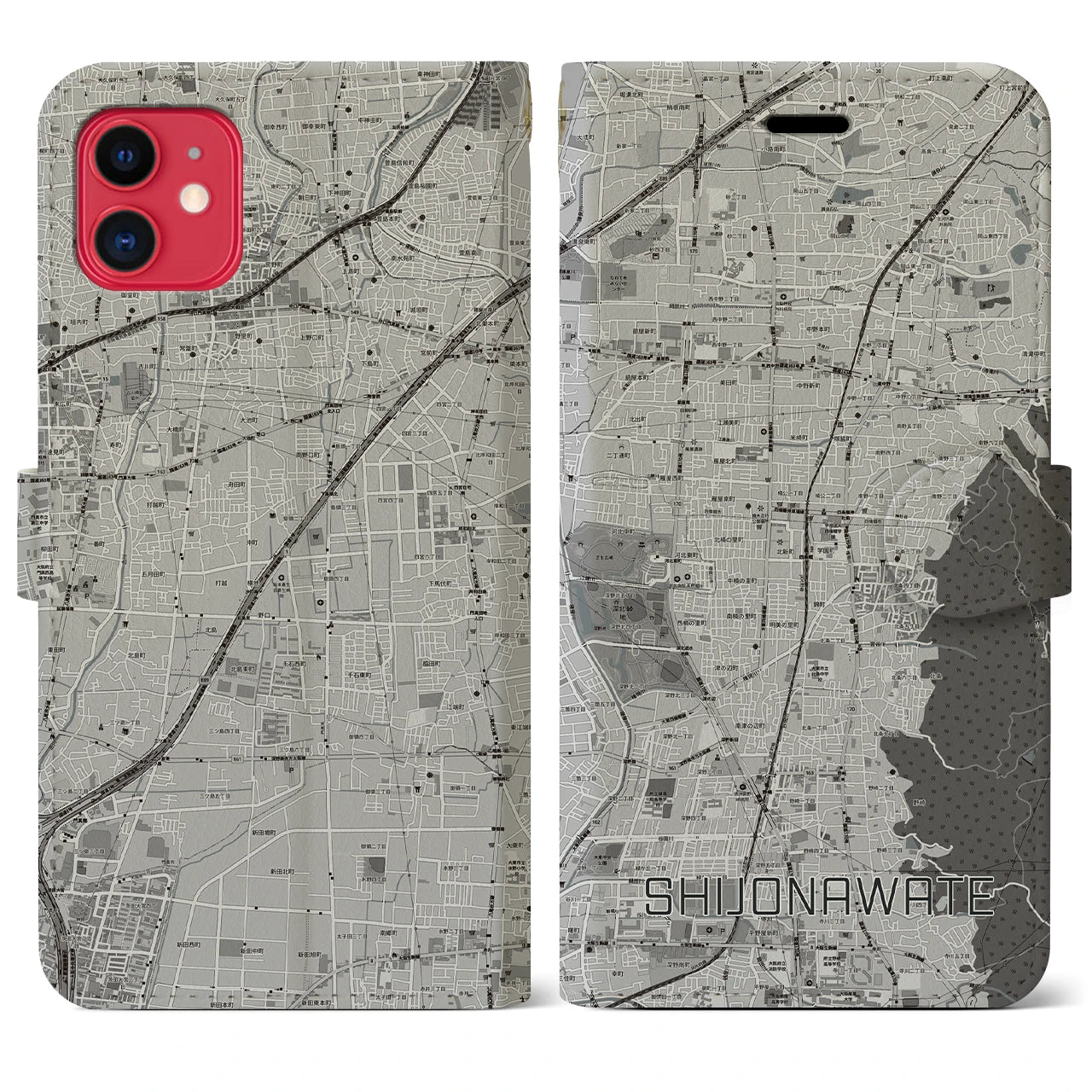 【四条畷(大阪府)】地図柄iPhoneケース(手帳タイプ)モノトーン・iPhone 11 用