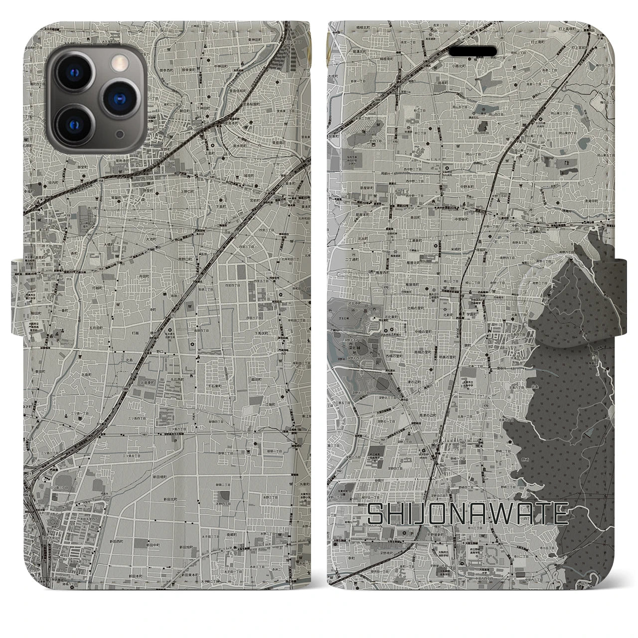 【四条畷(大阪府)】地図柄iPhoneケース(手帳タイプ)モノトーン・iPhone 11 Pro Max 用