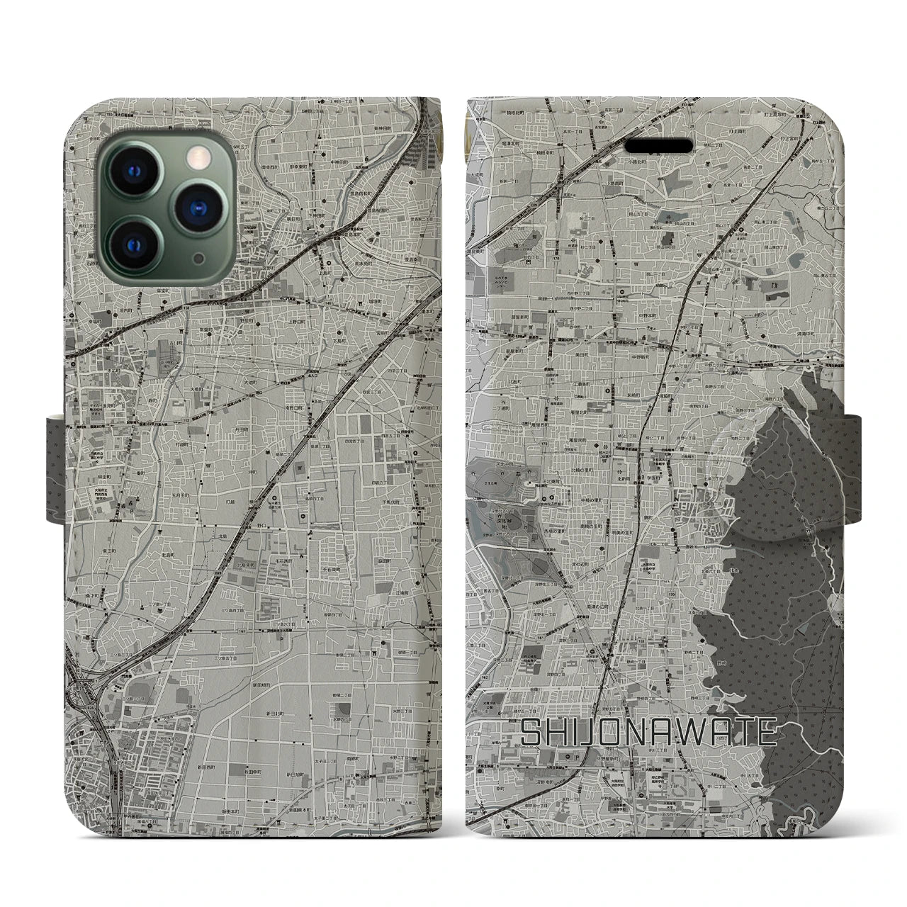 【四条畷(大阪府)】地図柄iPhoneケース(手帳タイプ)モノトーン・iPhone 11 Pro 用