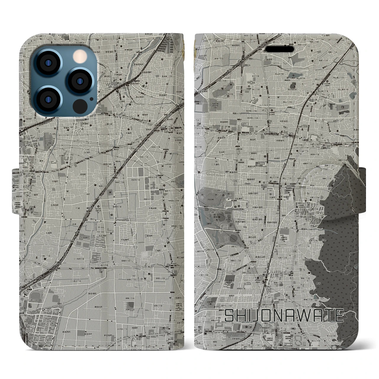 【四条畷(大阪府)】地図柄iPhoneケース(手帳タイプ)モノトーン・iPhone 12 / 12 Pro 用