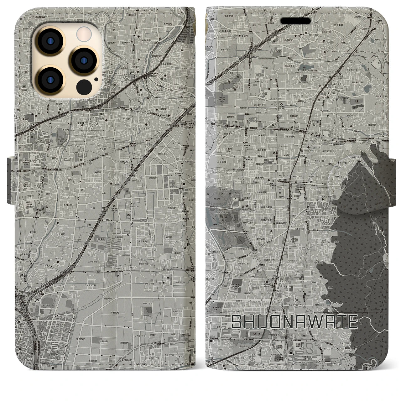 【四条畷(大阪府)】地図柄iPhoneケース(手帳タイプ)モノトーン・iPhone 12 Pro Max 用