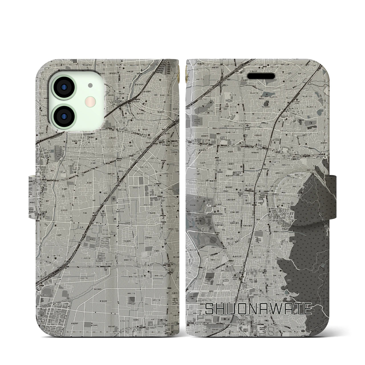 【四条畷(大阪府)】地図柄iPhoneケース(手帳タイプ)モノトーン・iPhone 12 mini 用