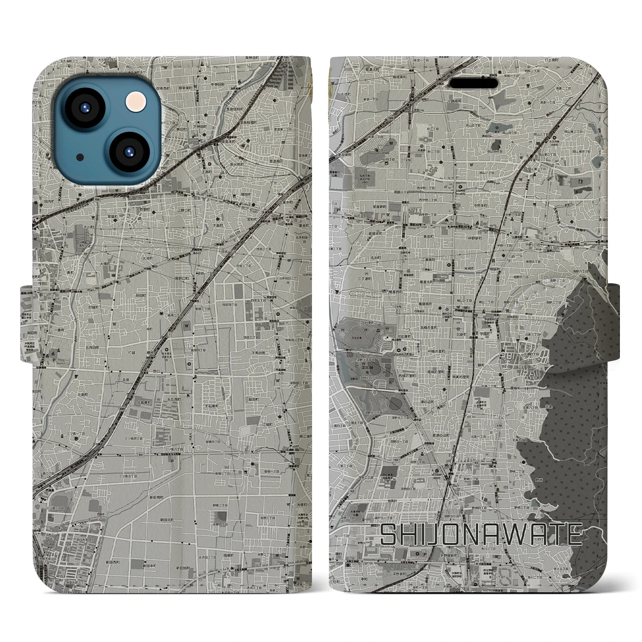 【四条畷(大阪府)】地図柄iPhoneケース(手帳タイプ)モノトーン・iPhone 13 用