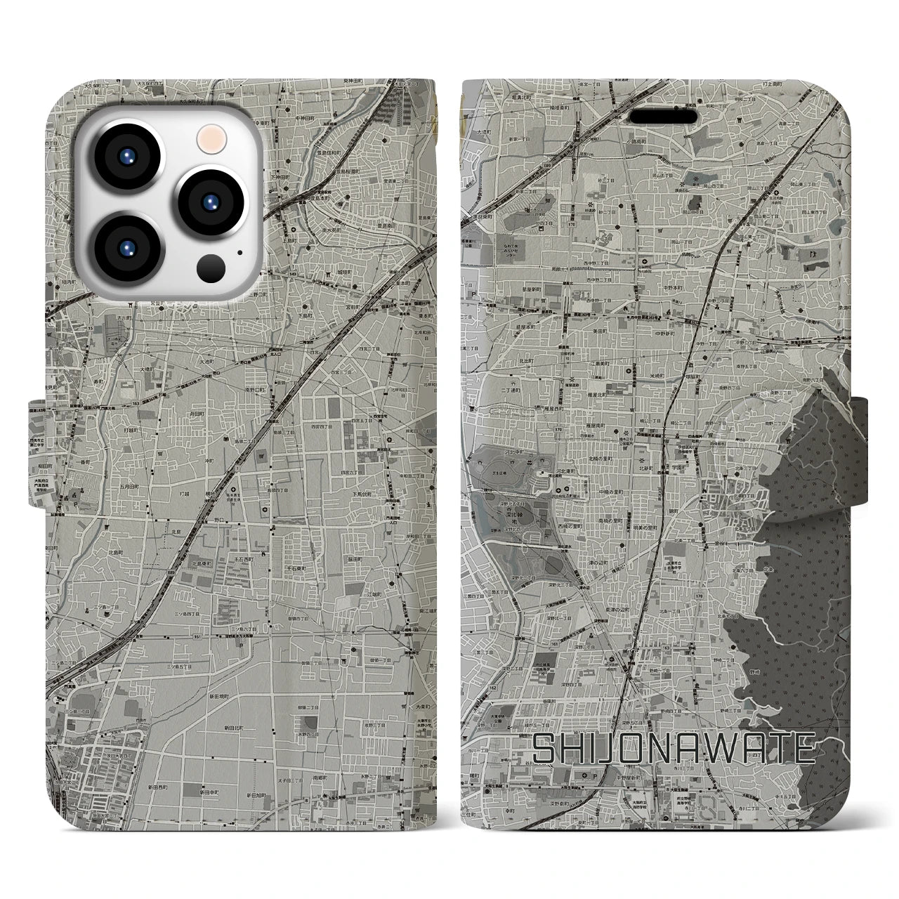 【四条畷(大阪府)】地図柄iPhoneケース(手帳タイプ)モノトーン・iPhone 13 Pro 用