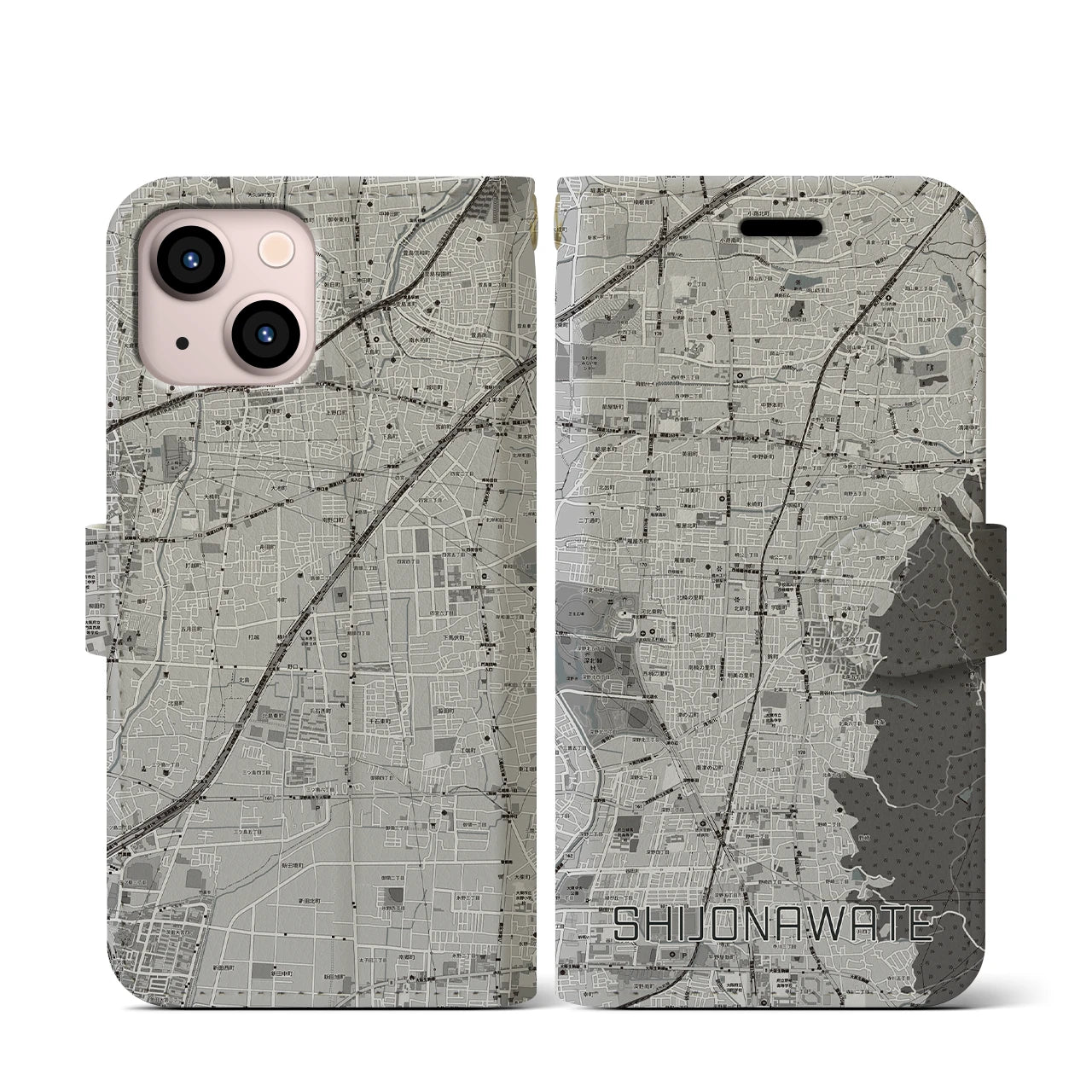 【四条畷(大阪府)】地図柄iPhoneケース(手帳タイプ)モノトーン・iPhone 13 mini 用