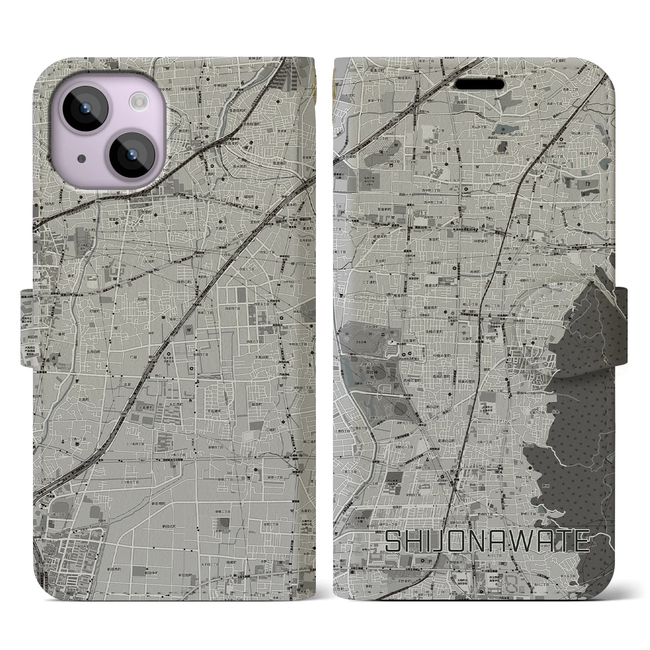 【四条畷(大阪府)】地図柄iPhoneケース(手帳タイプ)モノトーン・iPhone 14 用