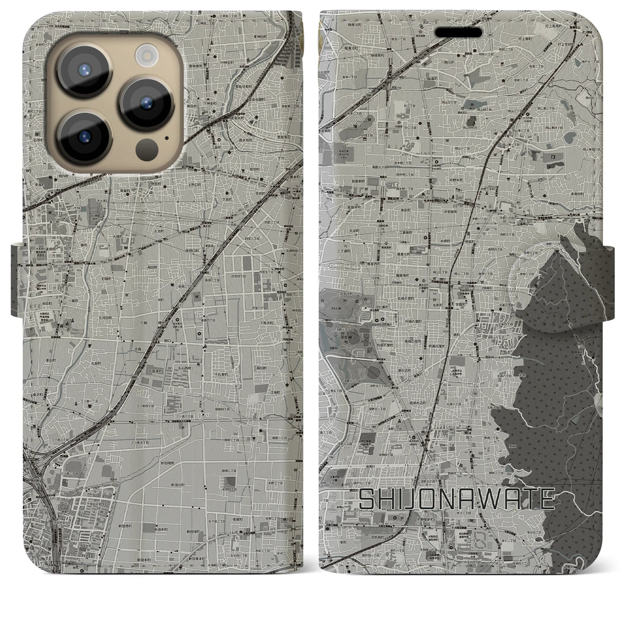 【四条畷(大阪府)】地図柄iPhoneケース(手帳タイプ)モノトーン・iPhone 14 Pro Max 用