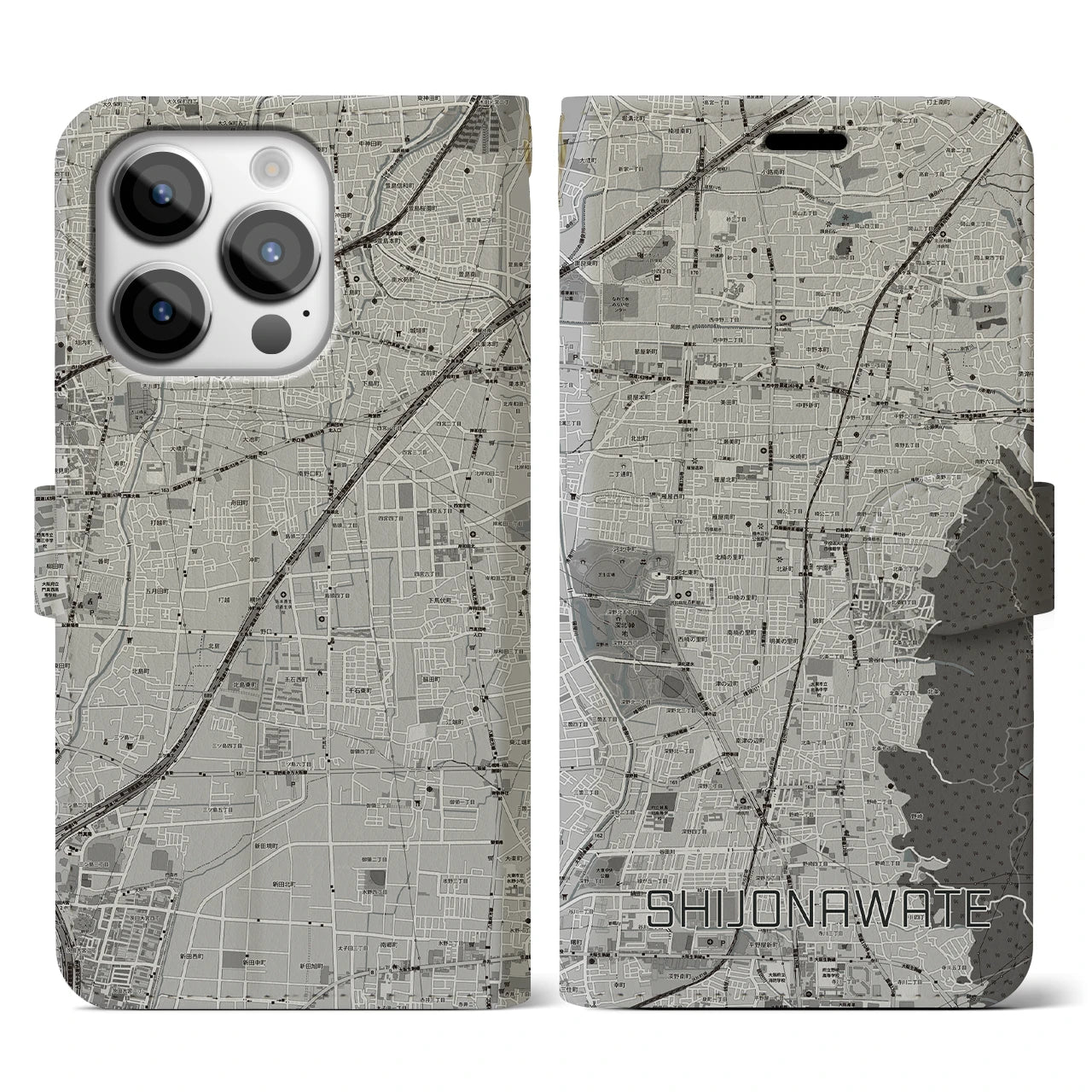 【四条畷(大阪府)】地図柄iPhoneケース(手帳タイプ)モノトーン・iPhone 14 Pro 用