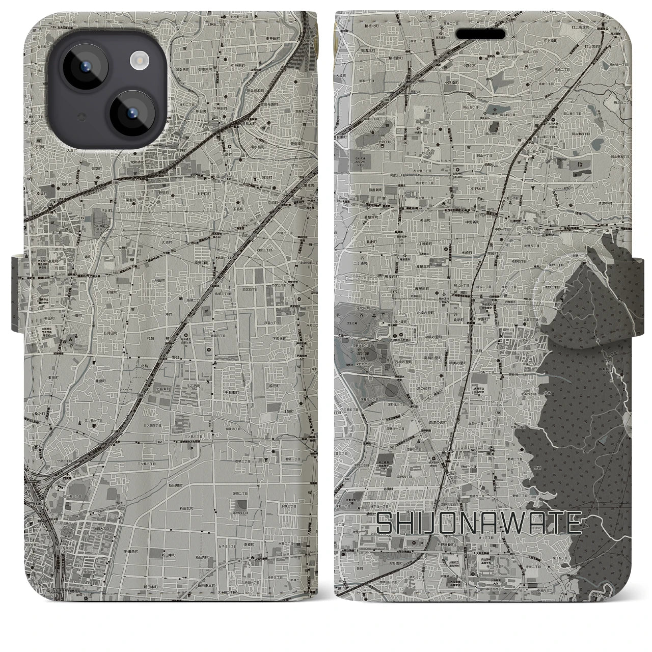 【四条畷(大阪府)】地図柄iPhoneケース(手帳タイプ)モノトーン・iPhone 14 Plus 用