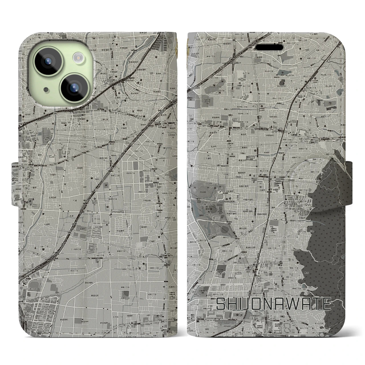 【四条畷(大阪府)】地図柄iPhoneケース(手帳タイプ)モノトーン・iPhone 15 用