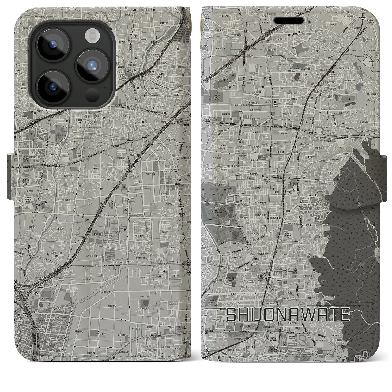 【四条畷(大阪府)】地図柄iPhoneケース(手帳タイプ)モノトーン・iPhone 15 Pro Max 用