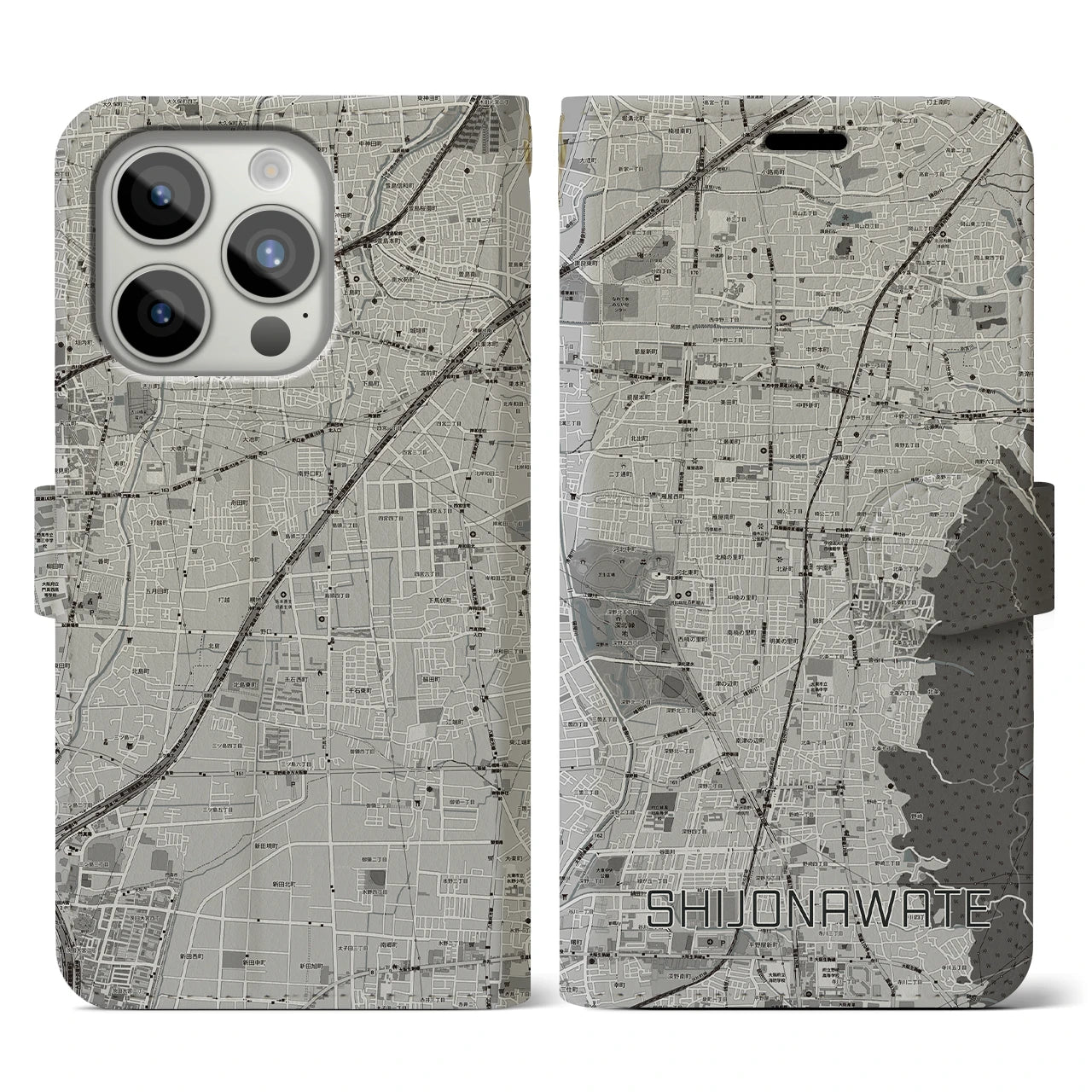 【四条畷(大阪府)】地図柄iPhoneケース(手帳タイプ)モノトーン・iPhone 15 Pro 用