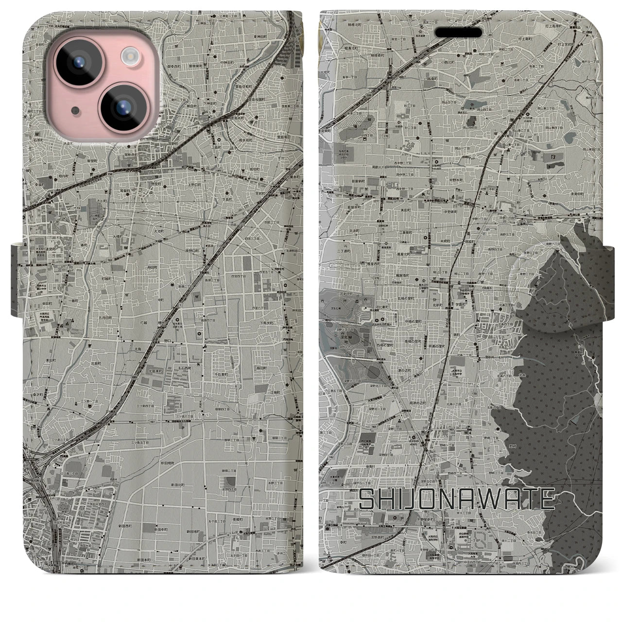 【四条畷(大阪府)】地図柄iPhoneケース(手帳タイプ)モノトーン・iPhone 15 Plus 用